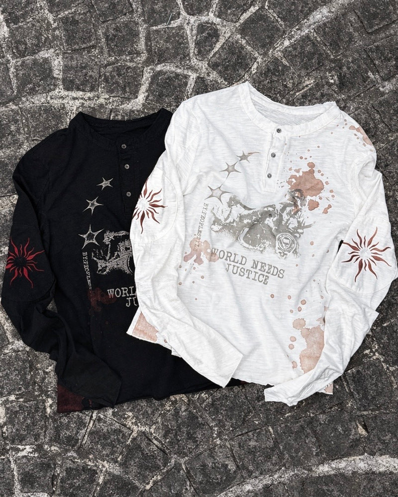 国際配送【Never mind the XU】paint graphic henley long sleeve