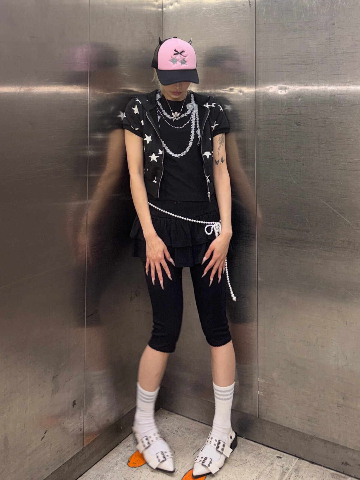 国際配送【Never mind the XU】star short sleeve zip-up hoodie
