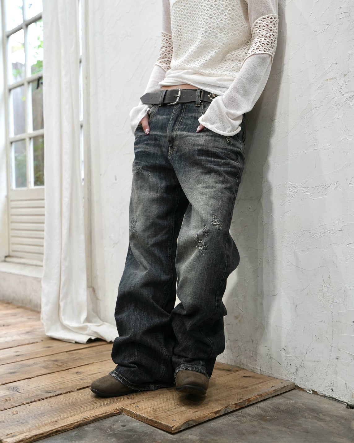 受注制【OaKS】faded wide-leg denim pants