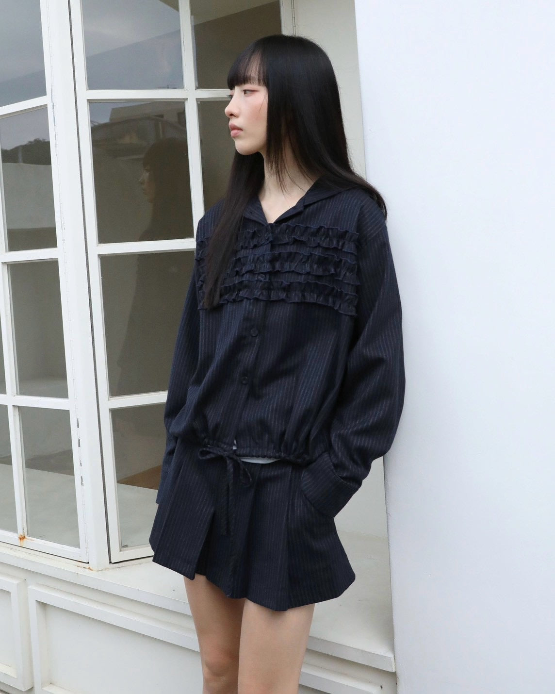 【Uglyshadow】STRIPE RUFFLE HOODED SHIRT