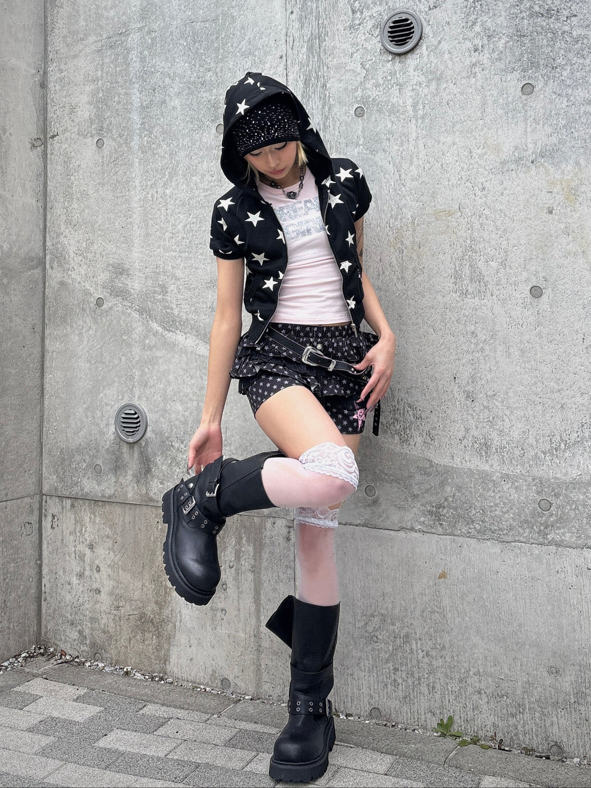 国際配送【Never mind the XU】star short sleeve zip-up hoodie