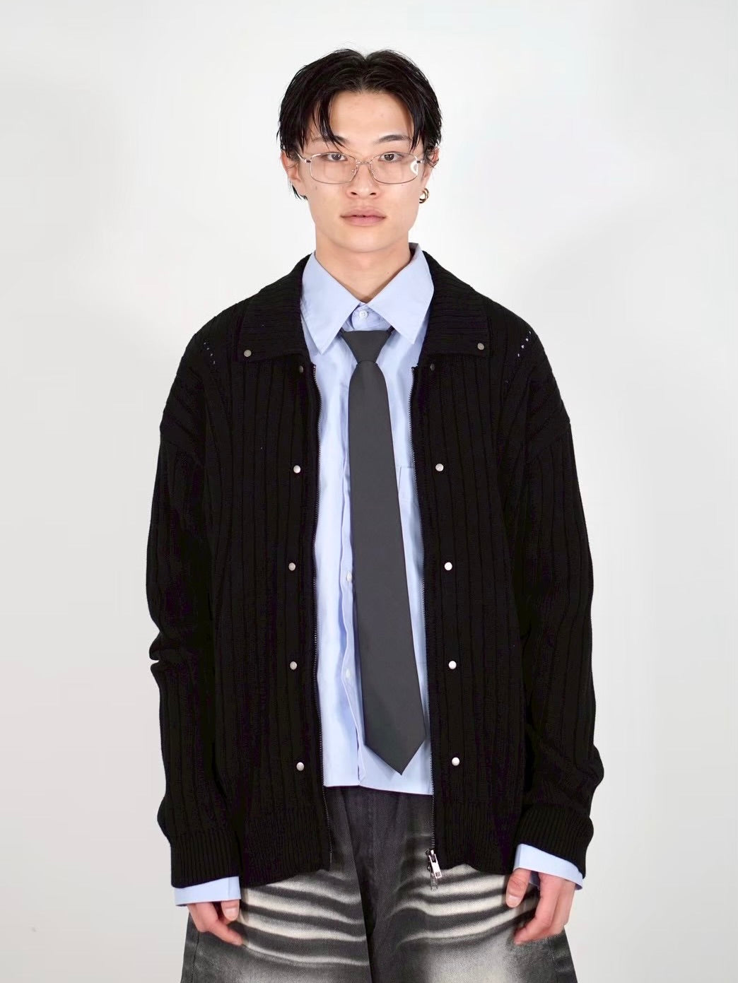 【Chikashitsu +】rivet zip up knit (2color)