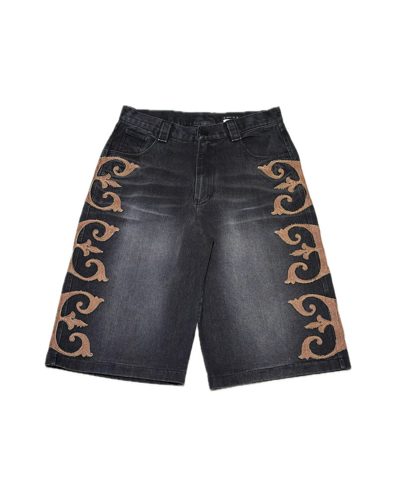 【E RIN AI E】WHISKER LEATHER EMBRO E DENIM BERMUDA PANTS