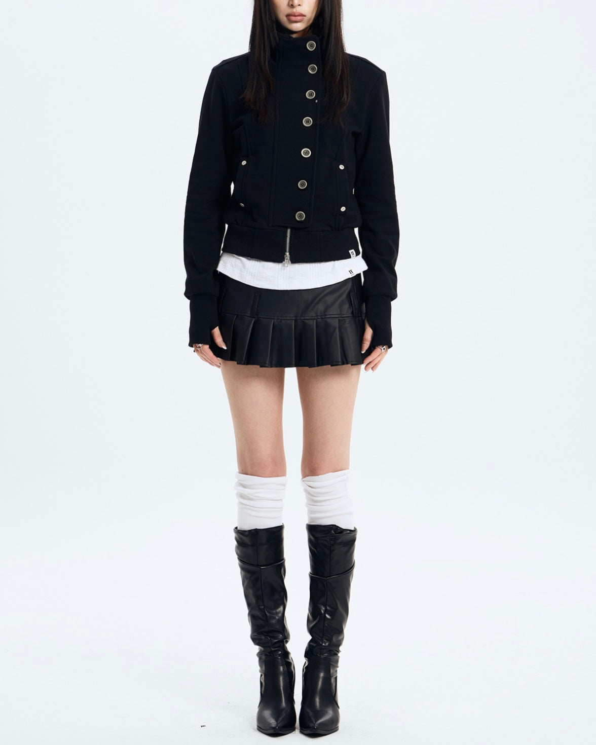 【NOT KNOWING】Button High Neck Zip Up