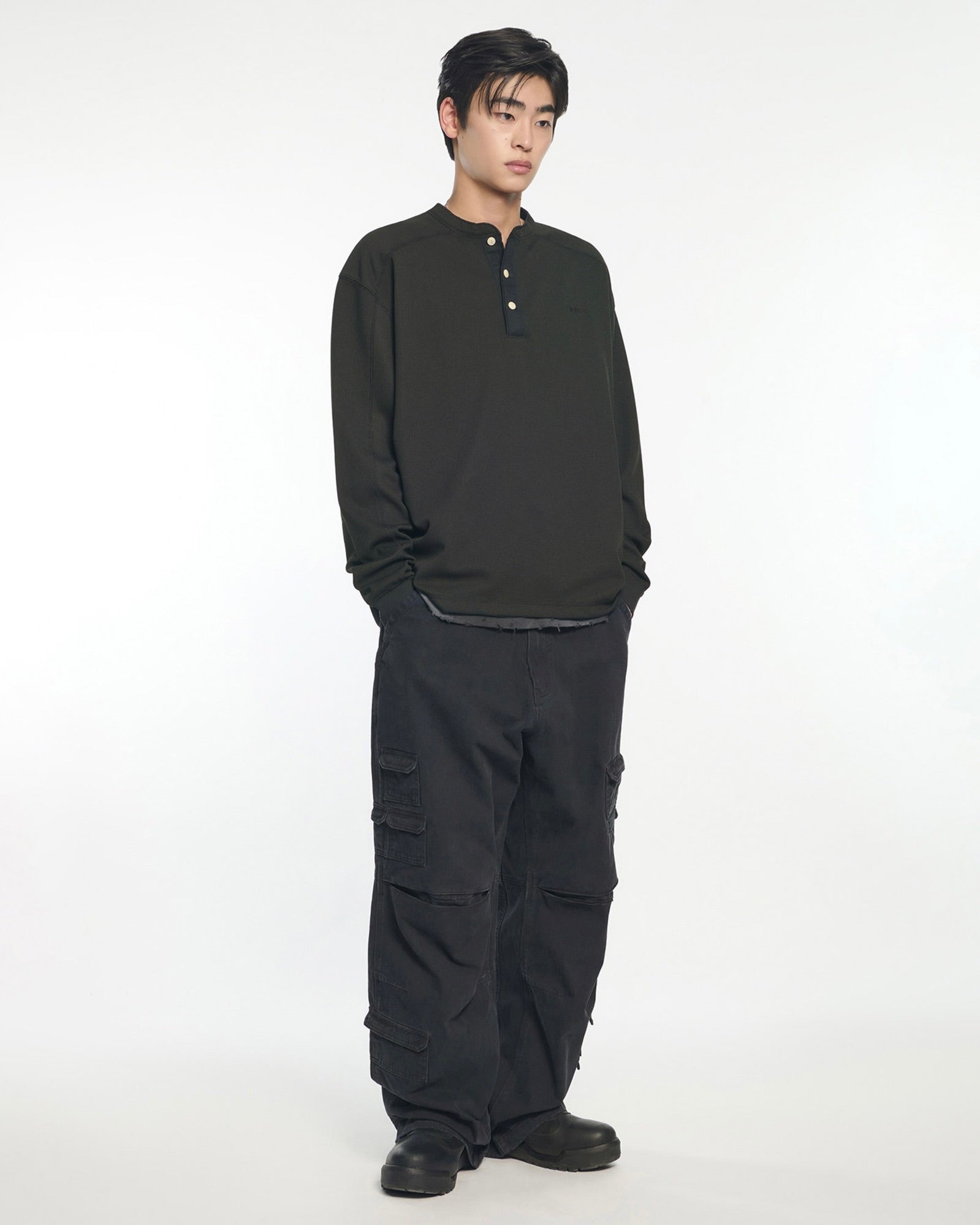 【NOMANUAL】NM HENLEY NECK WAFFLE LONG SLEEVE TEE