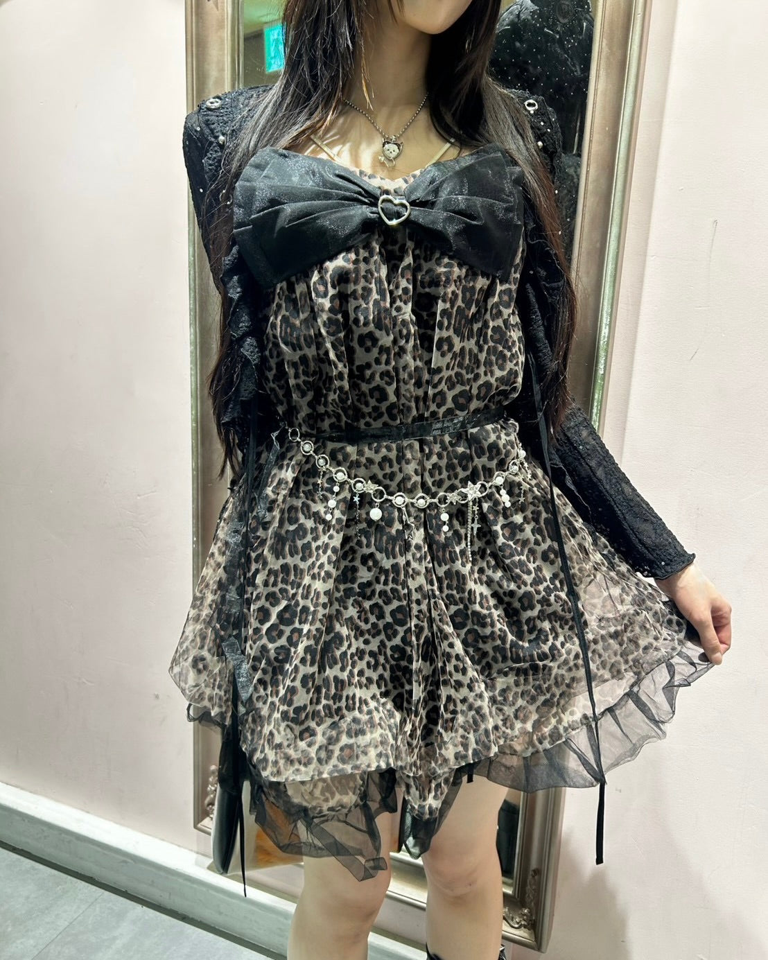 国際配送【BABY09】leopard ribbon tulle dress