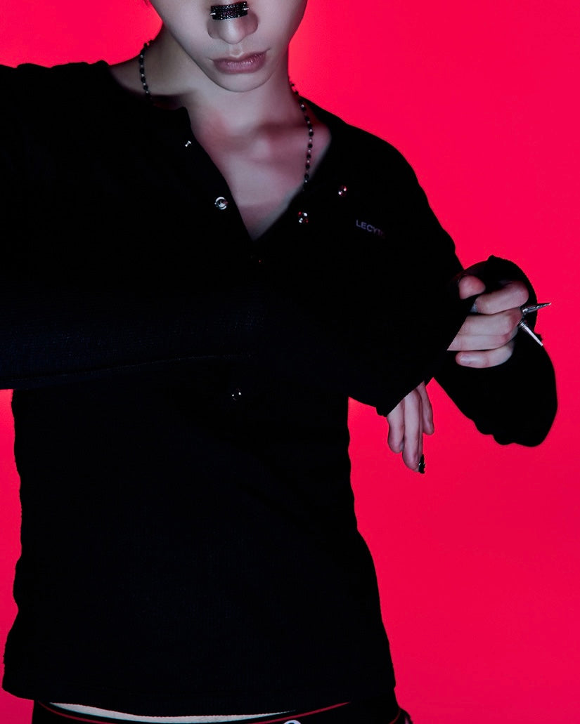 【LECYTO】Henley Neck Waffle Slim T-shirt