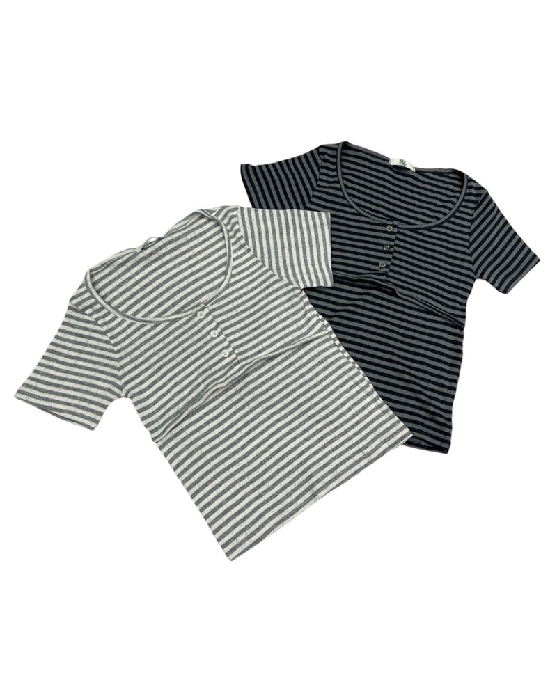 受注制【nmtc+】Stripe U-Neck Button Tee (2color)