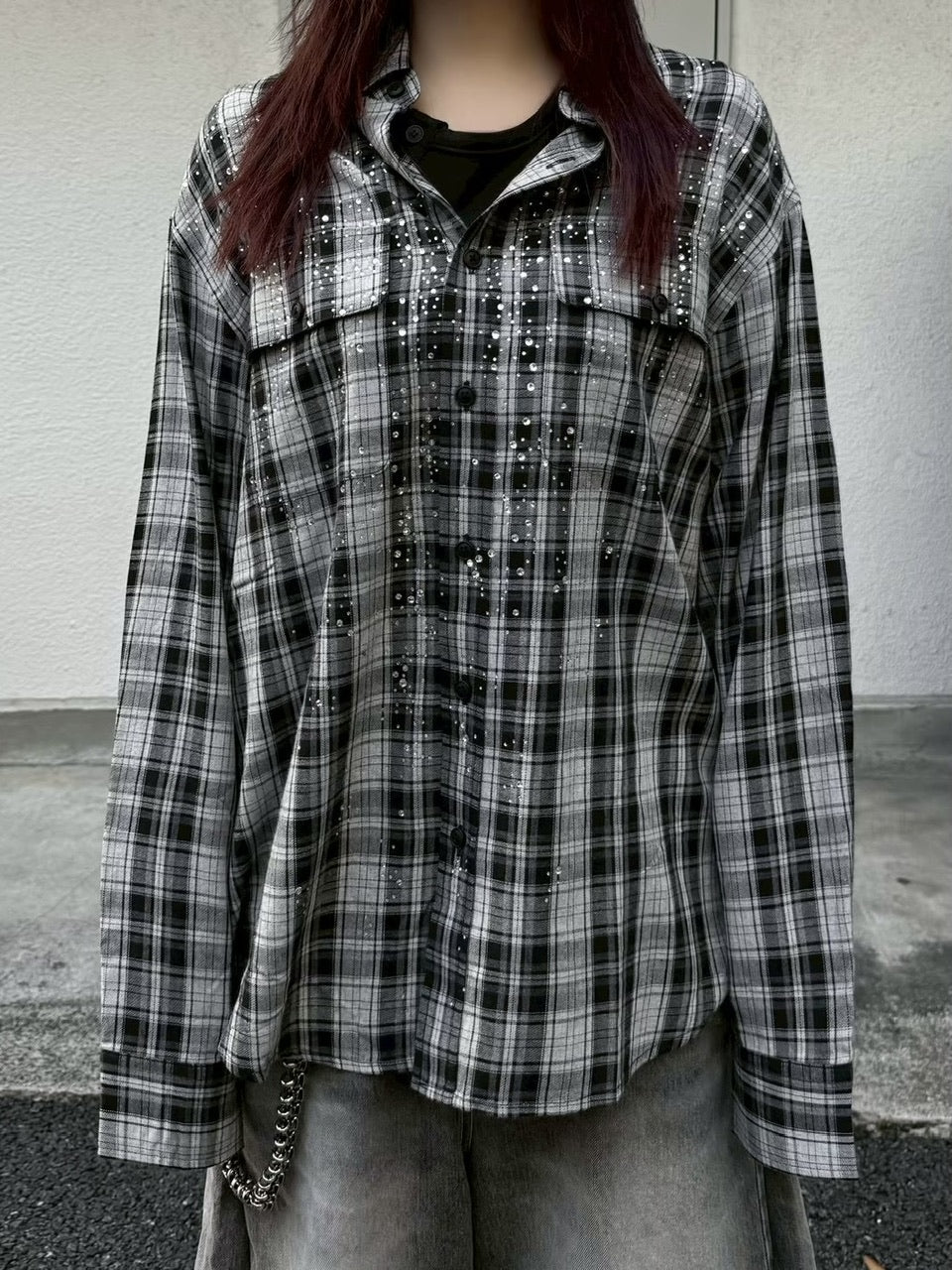【Never mind the XU】rhinestone check shirt (2color)