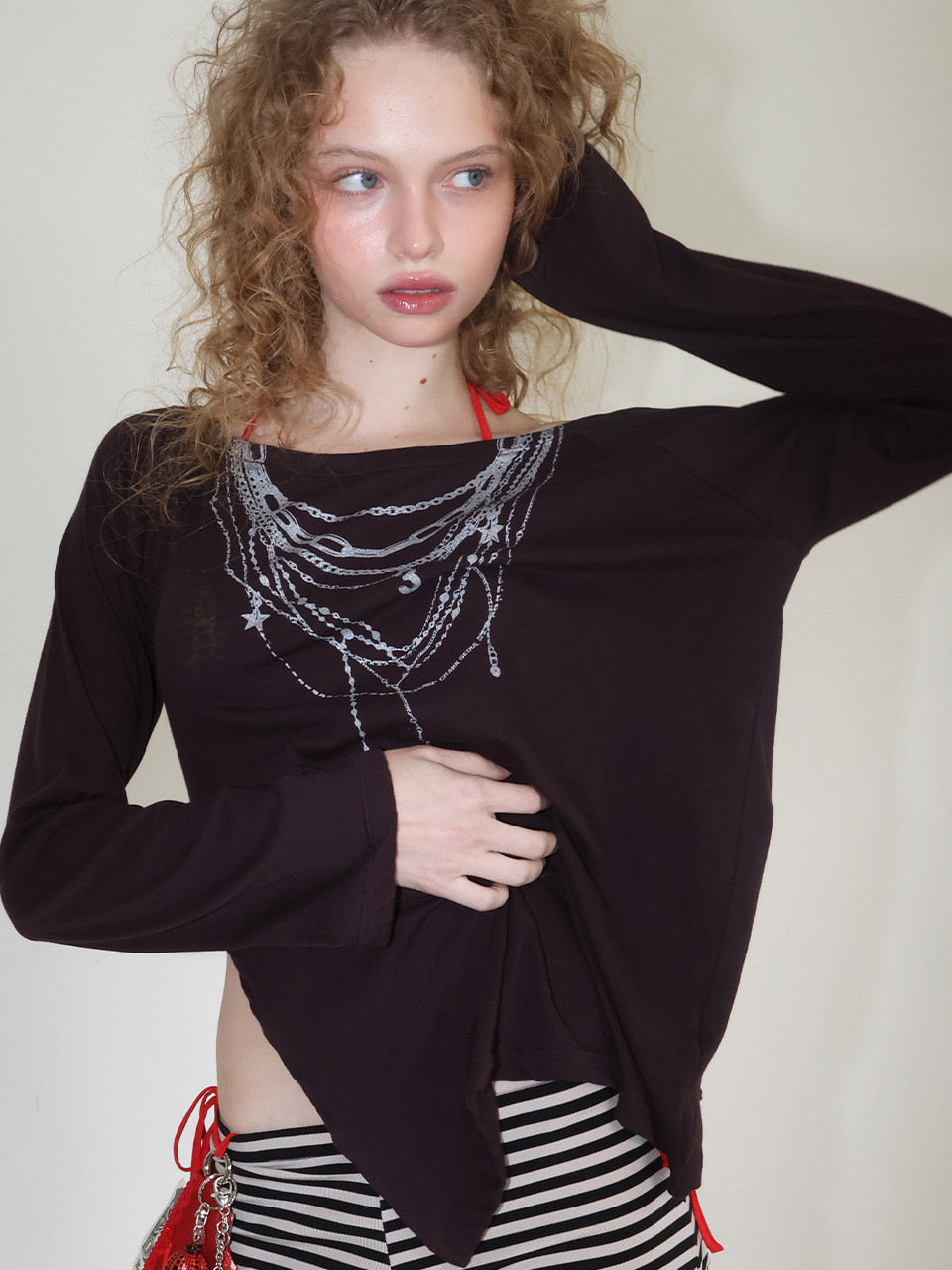 【CRANK】SHEER NECKLACE OFF-SHOULDER TOP