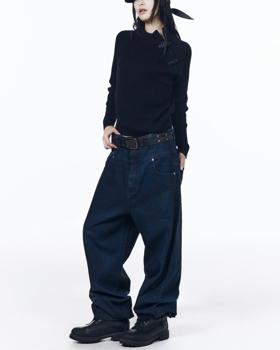 【AAKAM】Slant Zipper Belted Knit