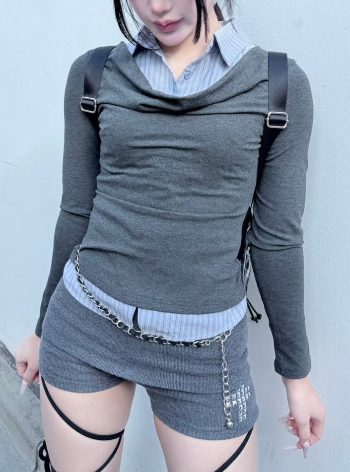 3/1 20:00発売 受注制【nmtc +】draep layered shirts / 【エヌエムティーシープラス】ドレープレイヤード長袖Tシャツ (2color)