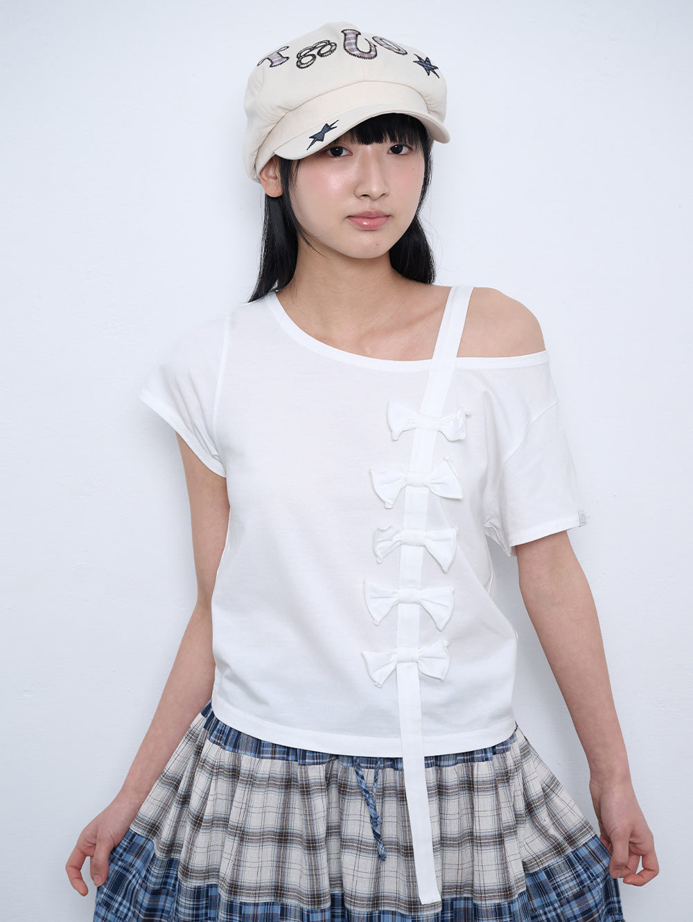 6/8 21:00発売【TUOMIO】RIBBON OFF SHOULDER T-SHIRT