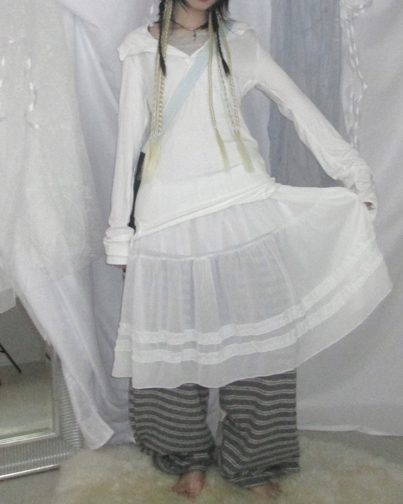 国際配送【Nerd out XU】see-through midium frill banding skirt (3color)