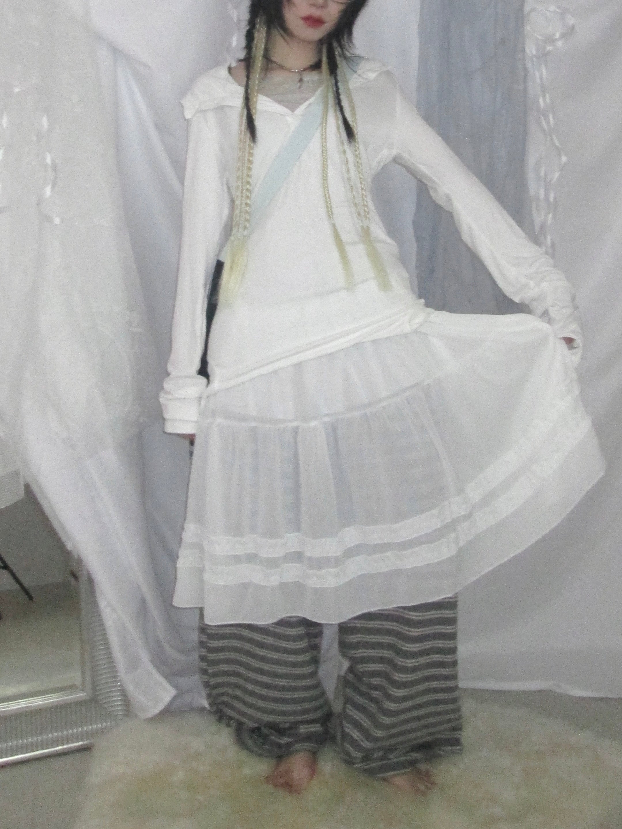 5/29 20:00発売 国際配送【Nerd out XU】see-through midium frill banding skirt (3color)