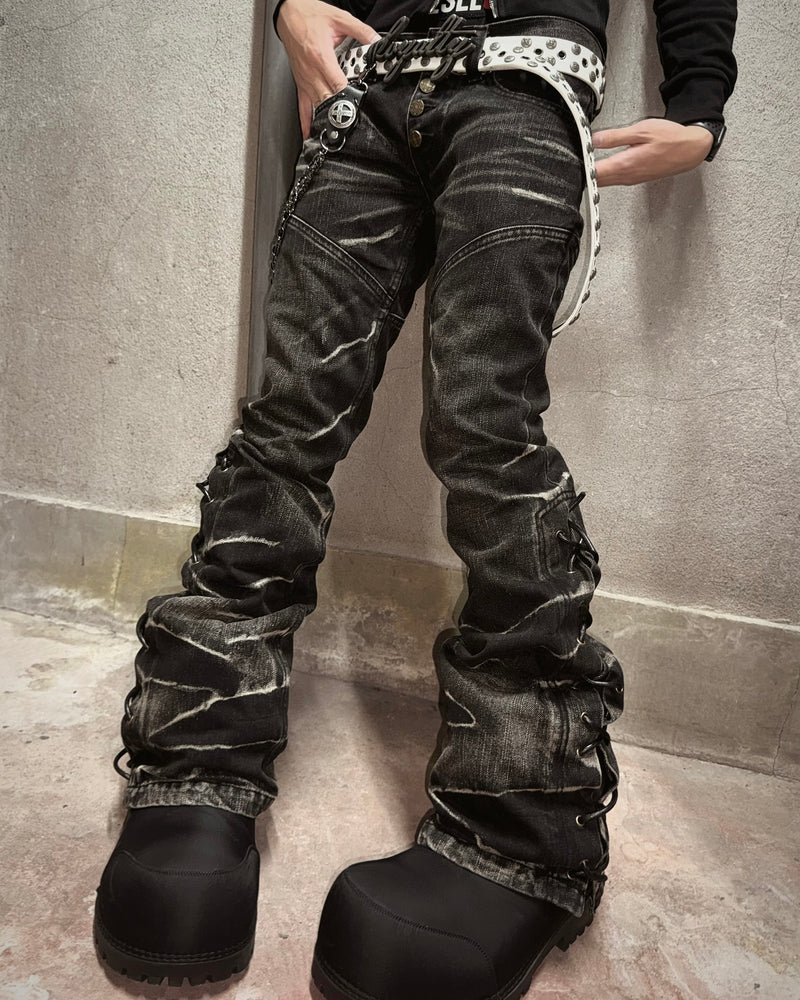 国際配送【Never mind the XU】Tornado Fade Lace-Up Flared Denim