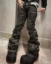 国際配送【Never mind the XU】Tornado Fade Lace-Up Flared Denim
