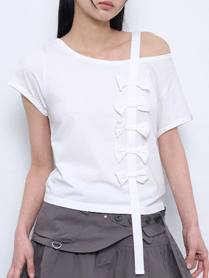 6/8 21:00発売【TUOMIO】RIBBON OFF SHOULDER T-SHIRT