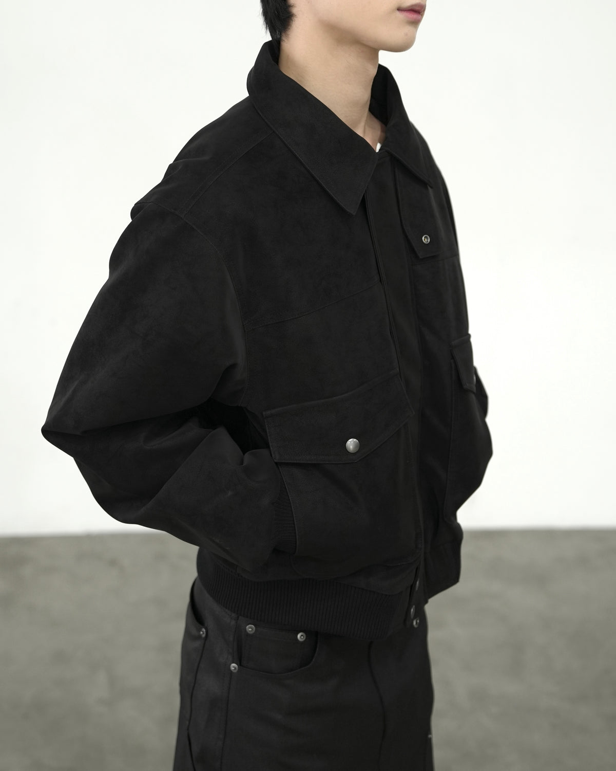 【CHIKASHITSU PLUS HIGH】Boa collar faux leather flight jacket