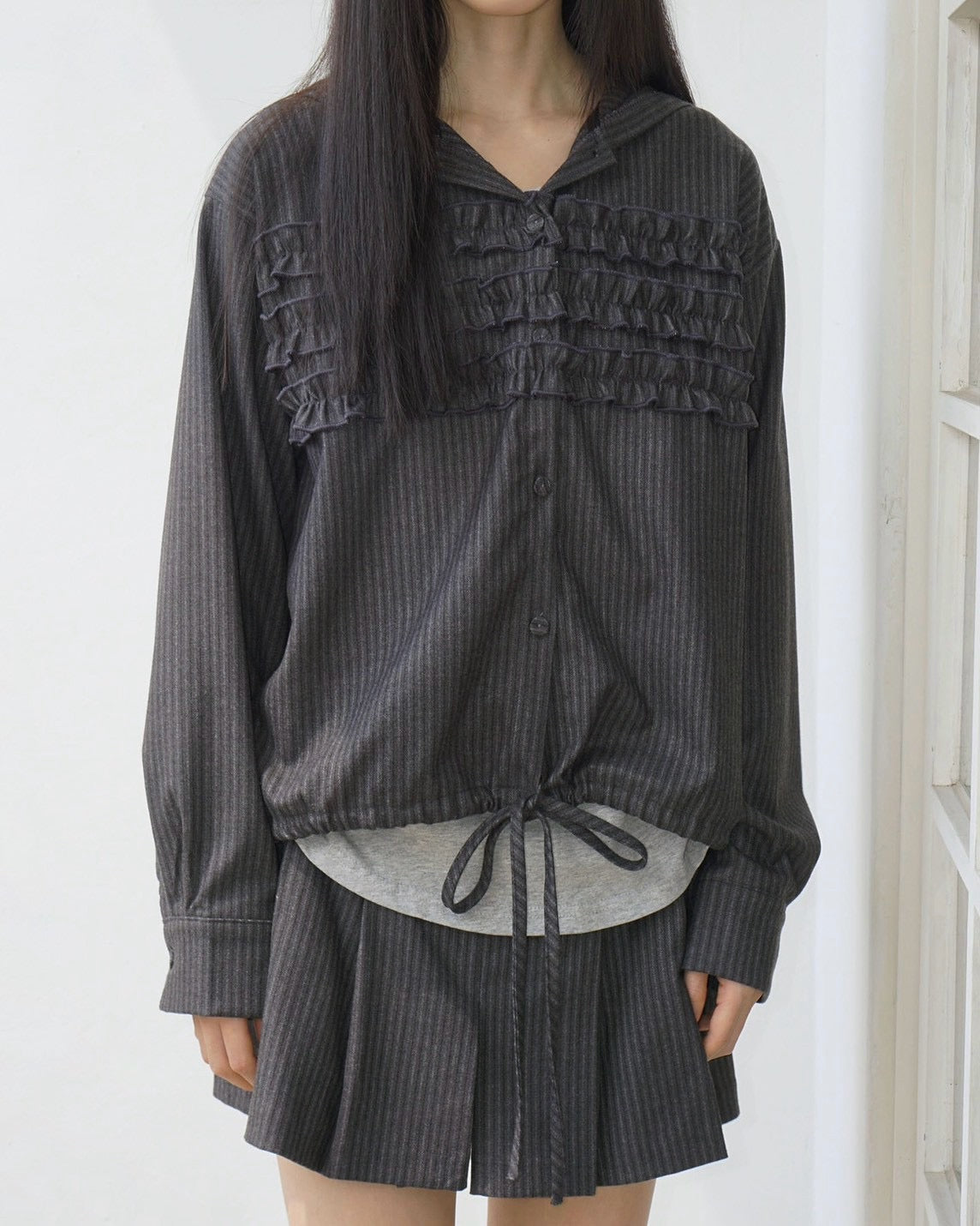 【Uglyshadow】STRIPE RUFFLE HOODED SHIRT