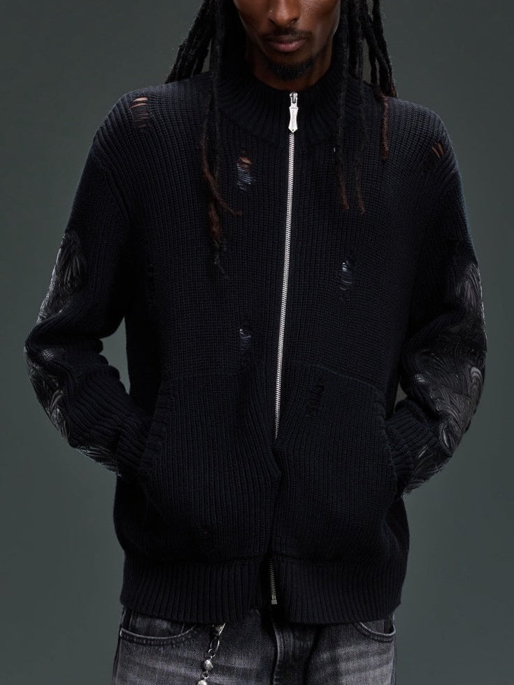 【The Boy Has No Patience】LEATHER PATCH DESTROYED ZIP SWEATER