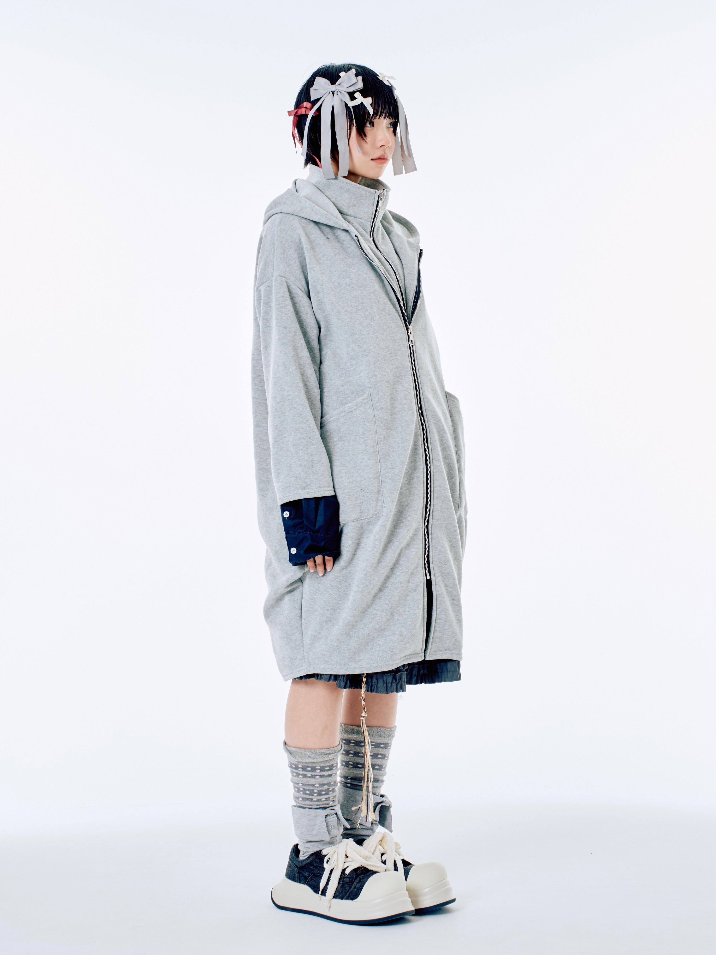 国際配送【Nerd out XU】big layered zip hoodie (2color) / 【ナードアウトエックスユー】ビックレイヤードジップフーディー