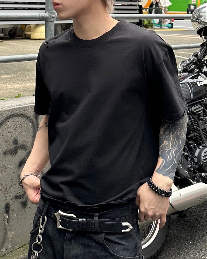 大阪店WEB限定受注制【Chikashitsu +】grunge damage crop t-shirt (3color)