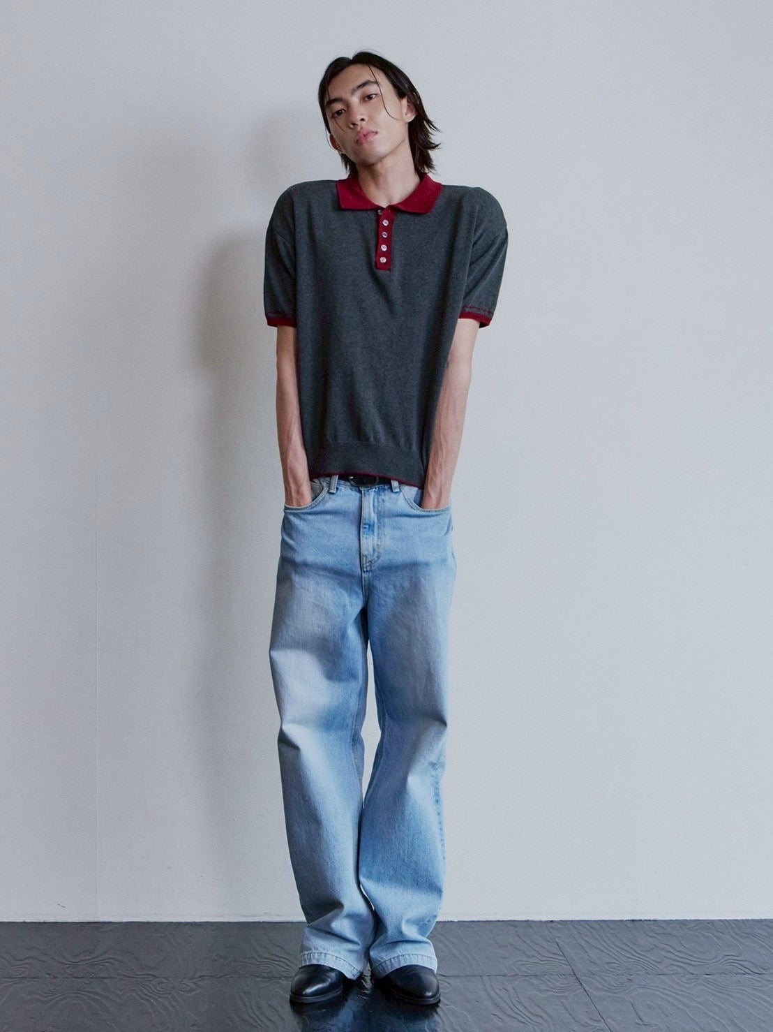 【Waviness】Accent Collar Polo Knit
