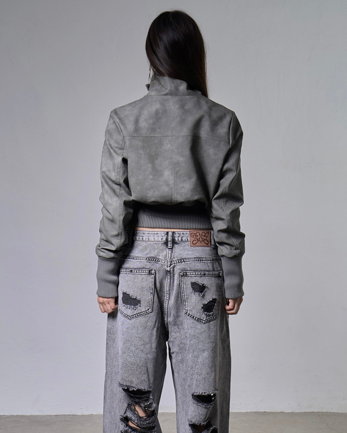 【FANCY CLUB】HIGH-NECK RIBBED LEATHER JACKET