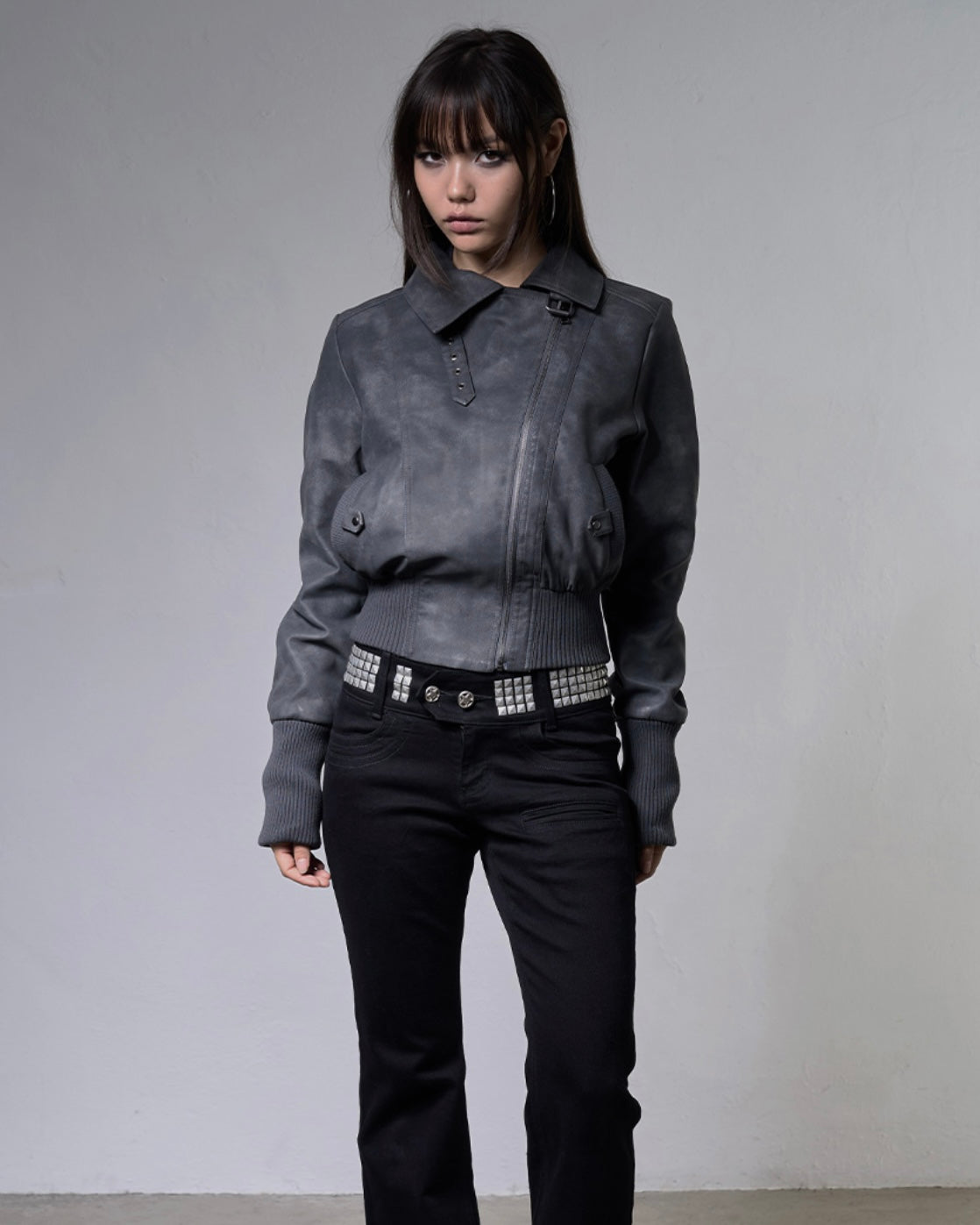 【FANCY CLUB】HIGH-NECK RIBBED LEATHER JACKET