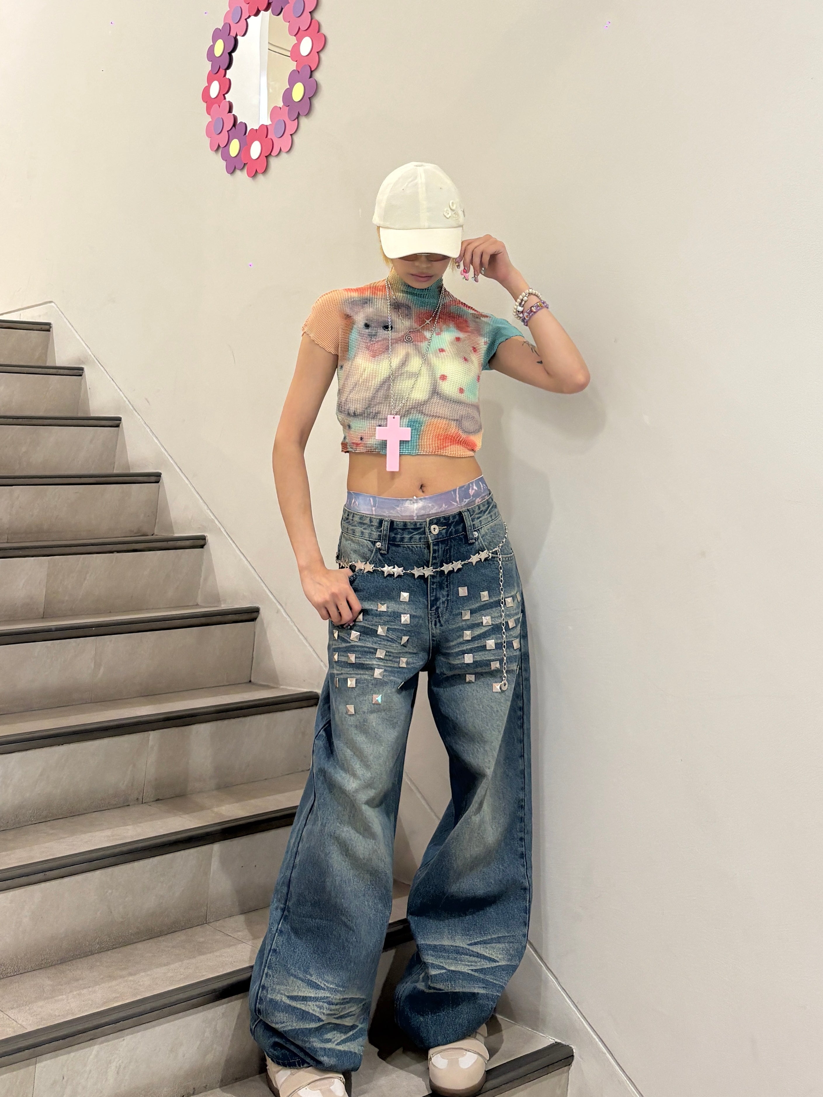 国際配送【Never mind the XU】popcorn shirring baby tee cat
