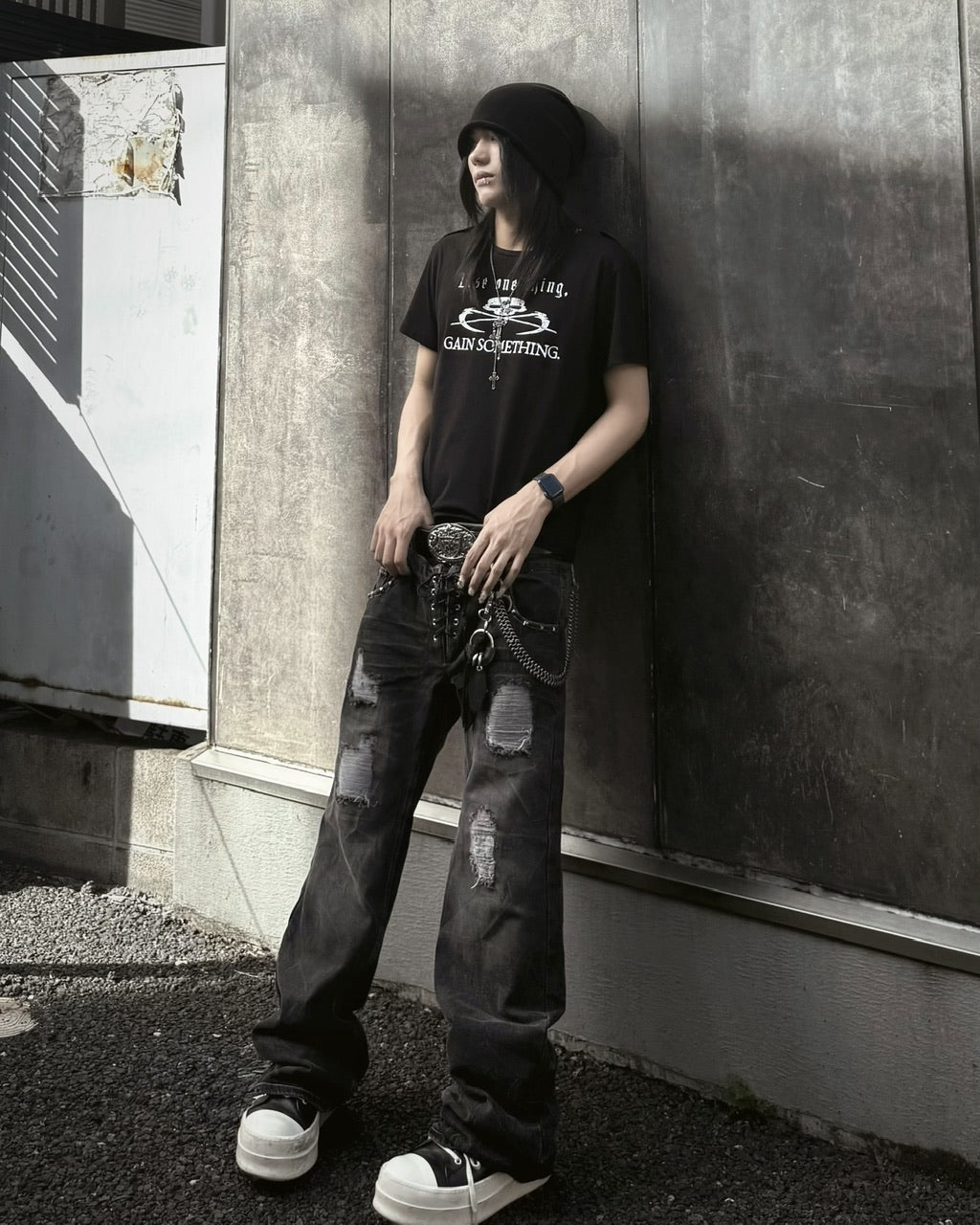 国際配送【Never mind the XU】Double waist  laceup flare denim pants