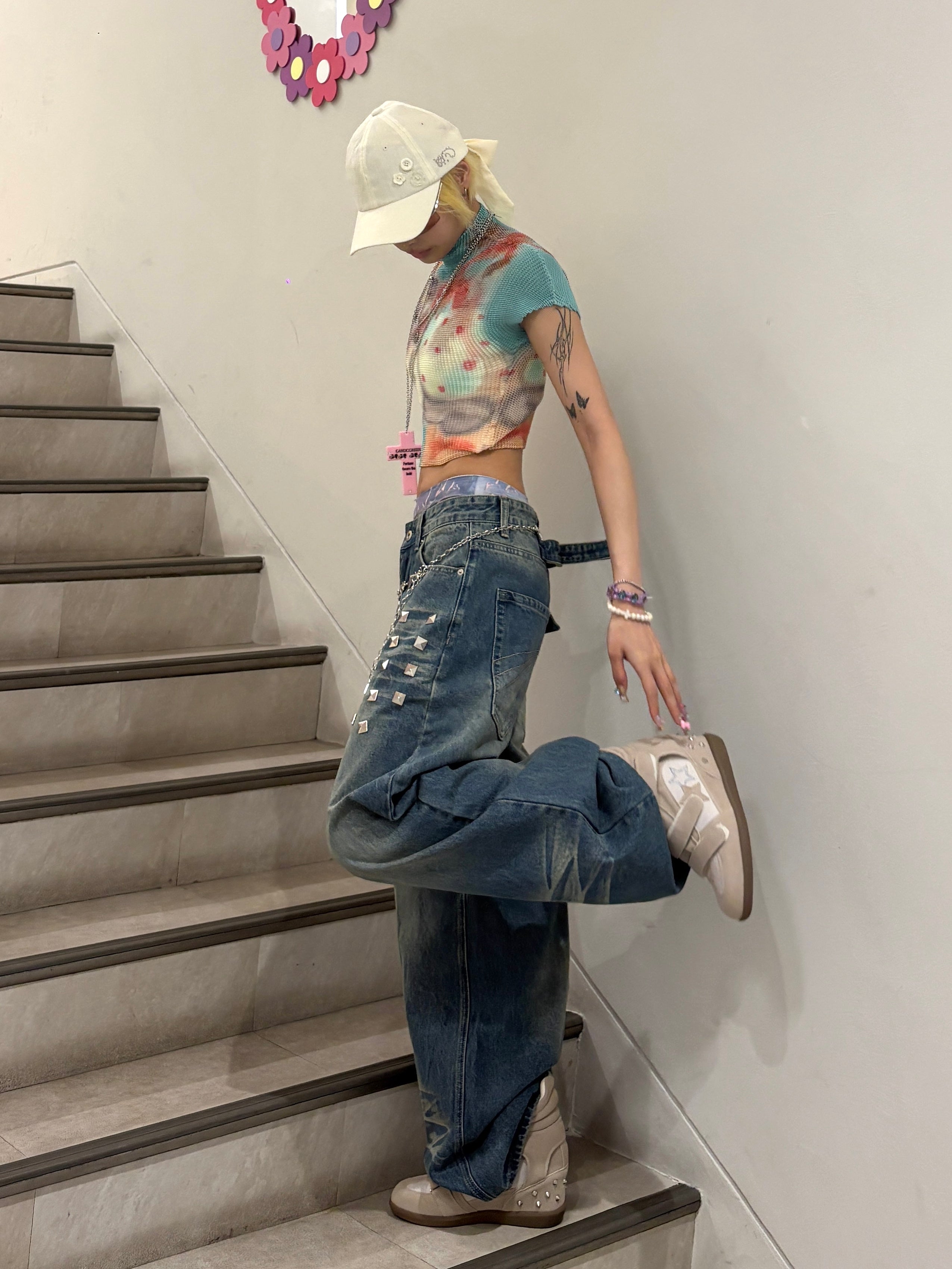 国際配送【Never mind the XU】popcorn shirring baby tee cat