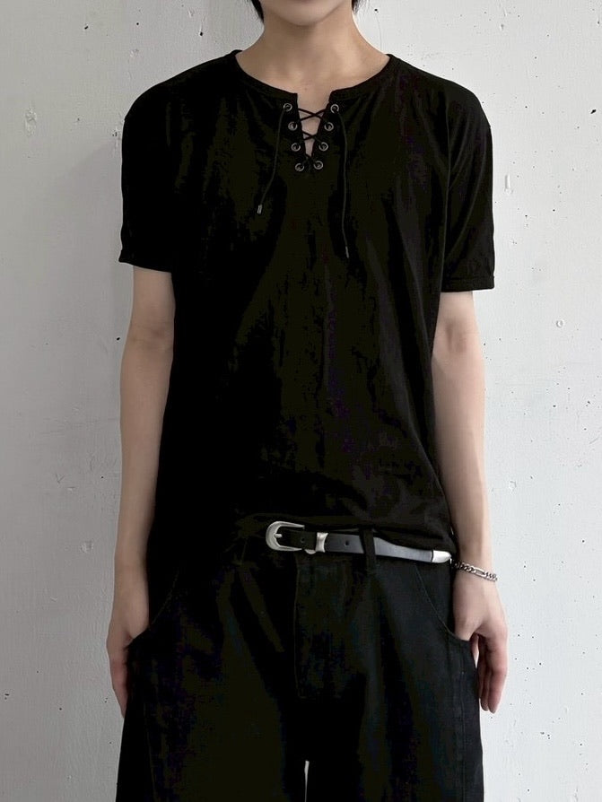 受注制【LUV CODE】lace up neck tee (4color)