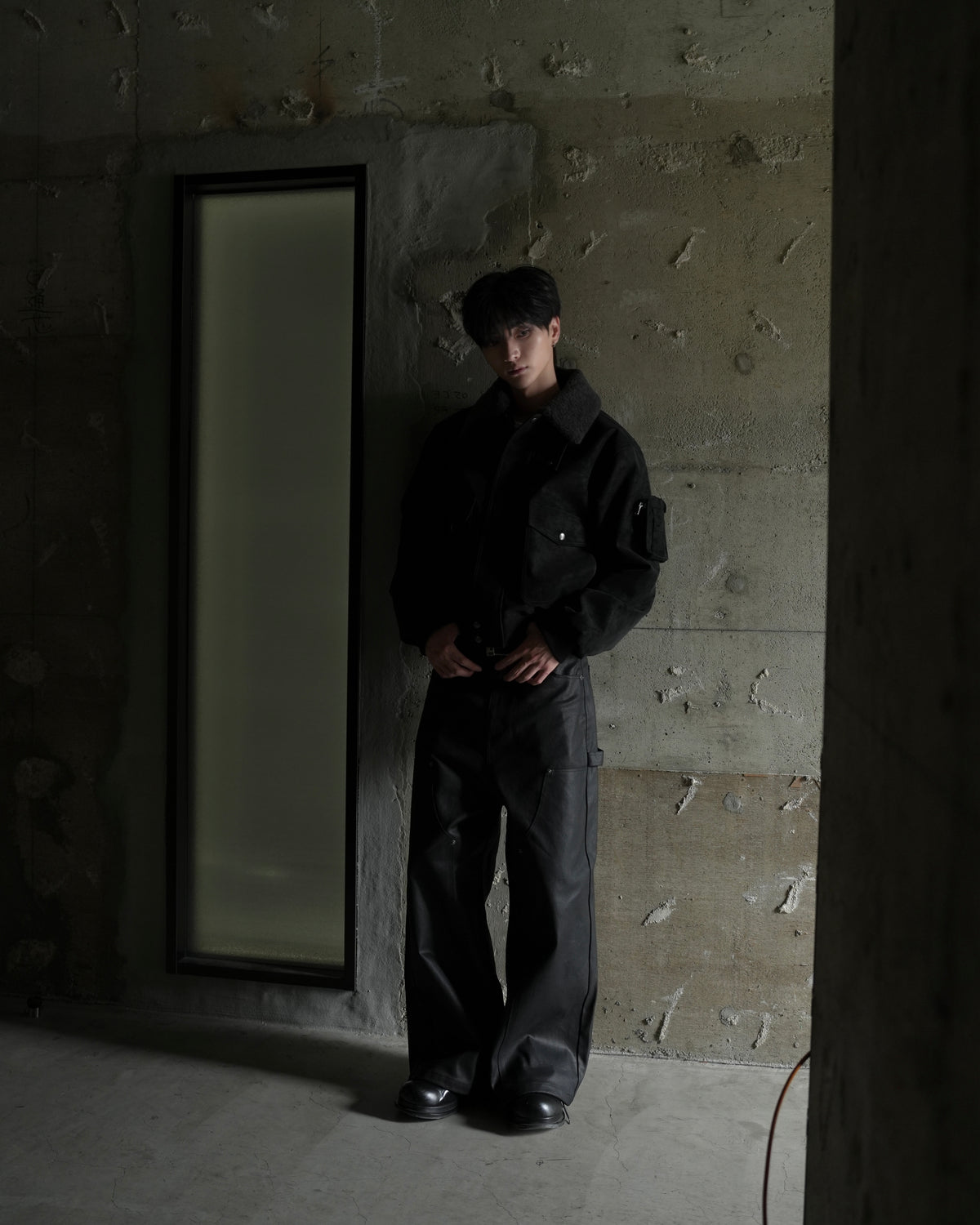 【CHIKASHITSU PLUS HIGH】Boa collar faux leather flight jacket