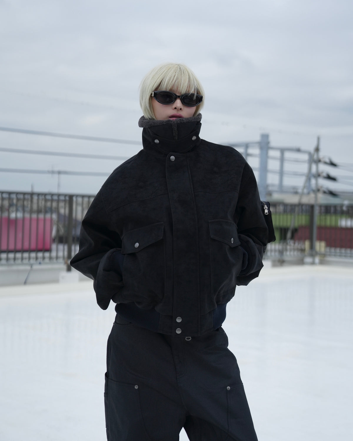【CHIKASHITSU PLUS HIGH】Boa collar faux leather flight jacket