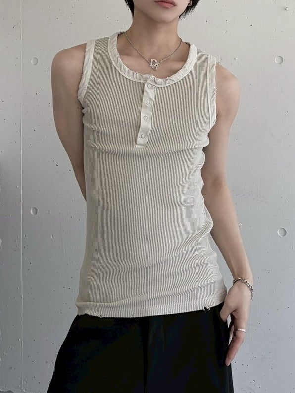 受注制【LUV CODE】pigment rib henley neck sleevesless (3color)