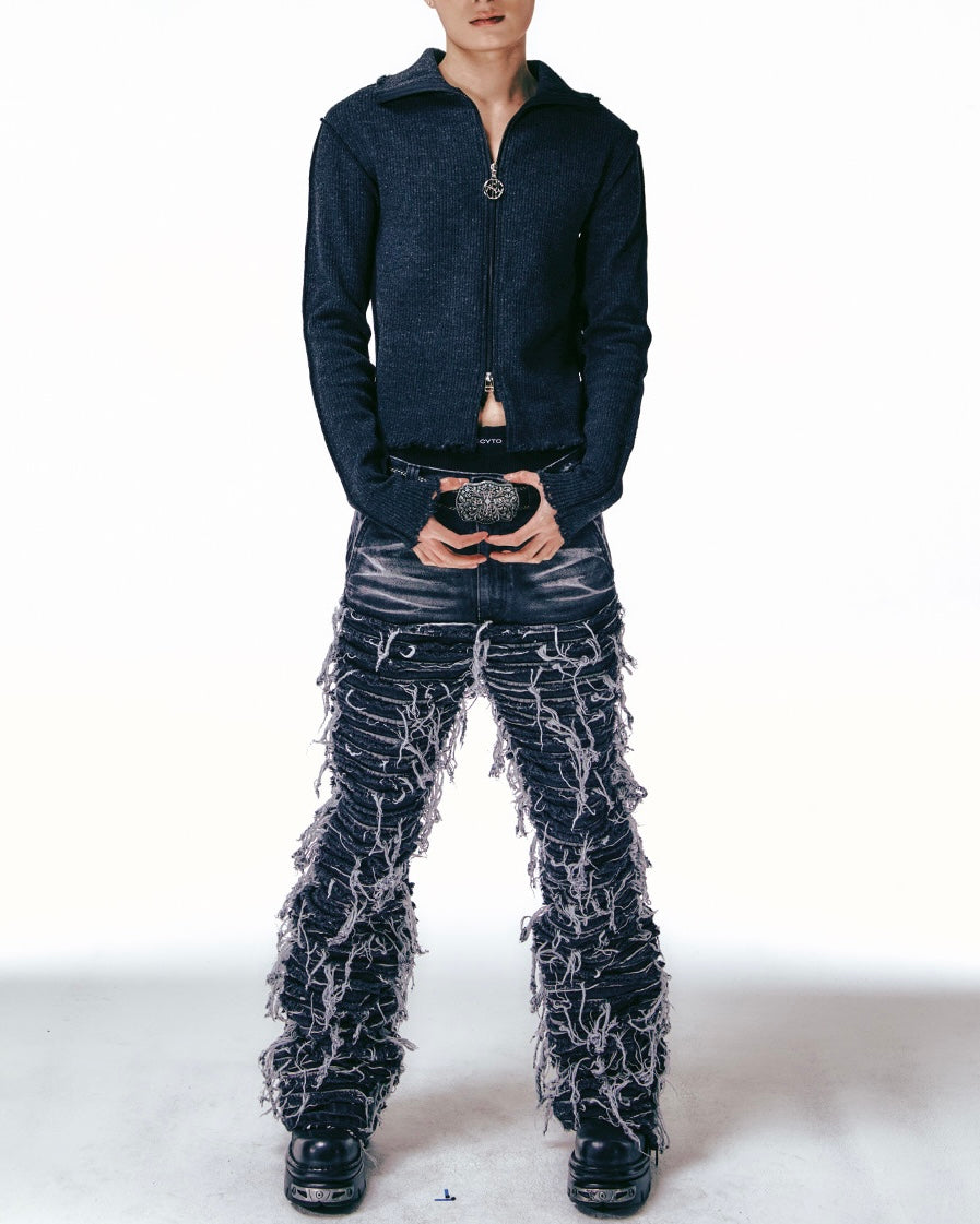 【LECYTO】Destroyed Lip Knit Zip-Up
