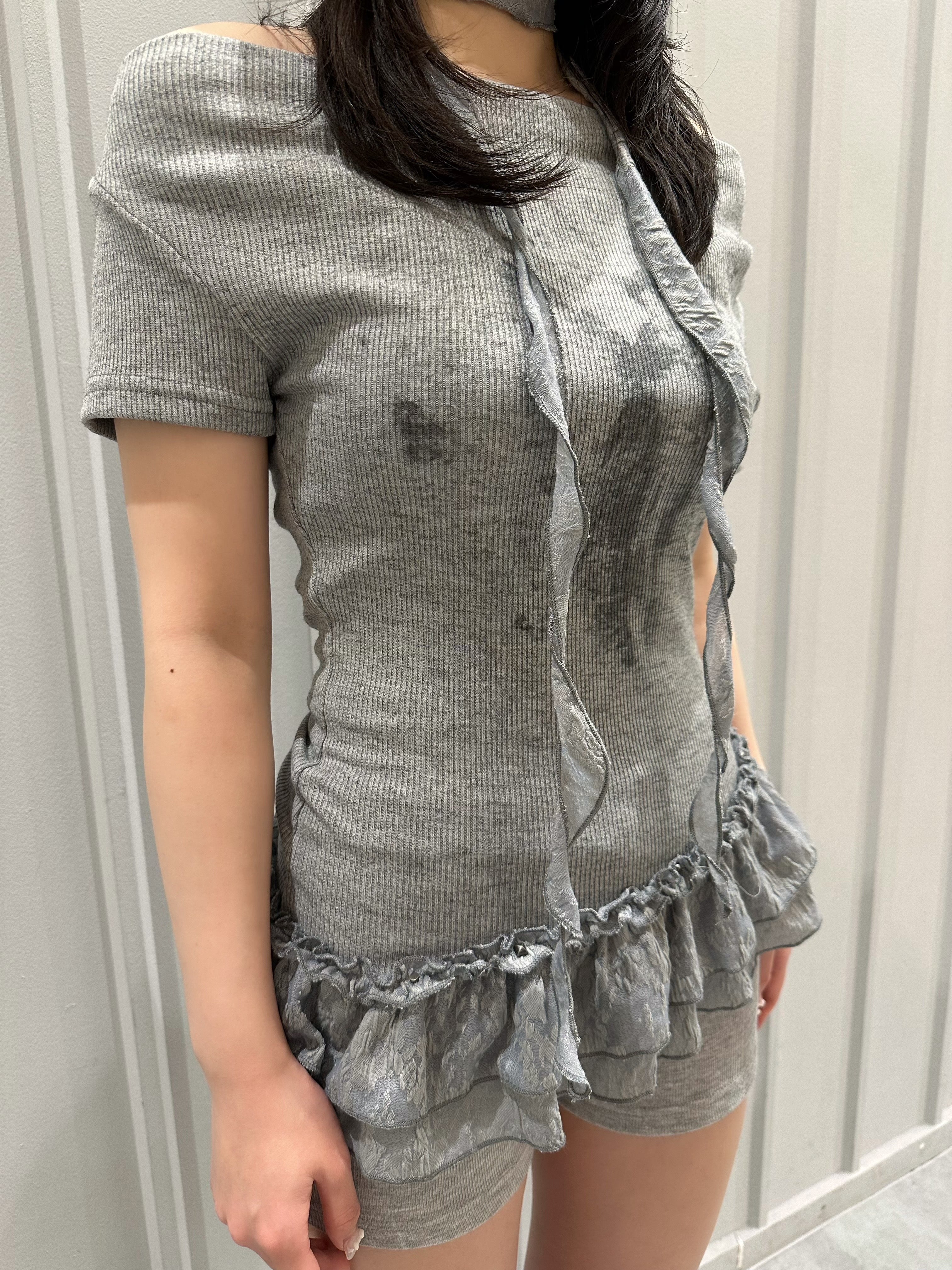 受注制【nmtc+】Drape Neck Frill Tee Scarf Set (3color)