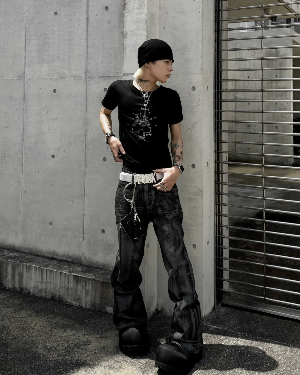 国際配送【Never mind the XU】vintage waxed flare denim pants