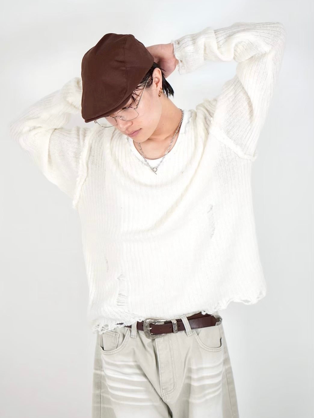 【Chikashitsu +】damage reverse v neck knit (3color)