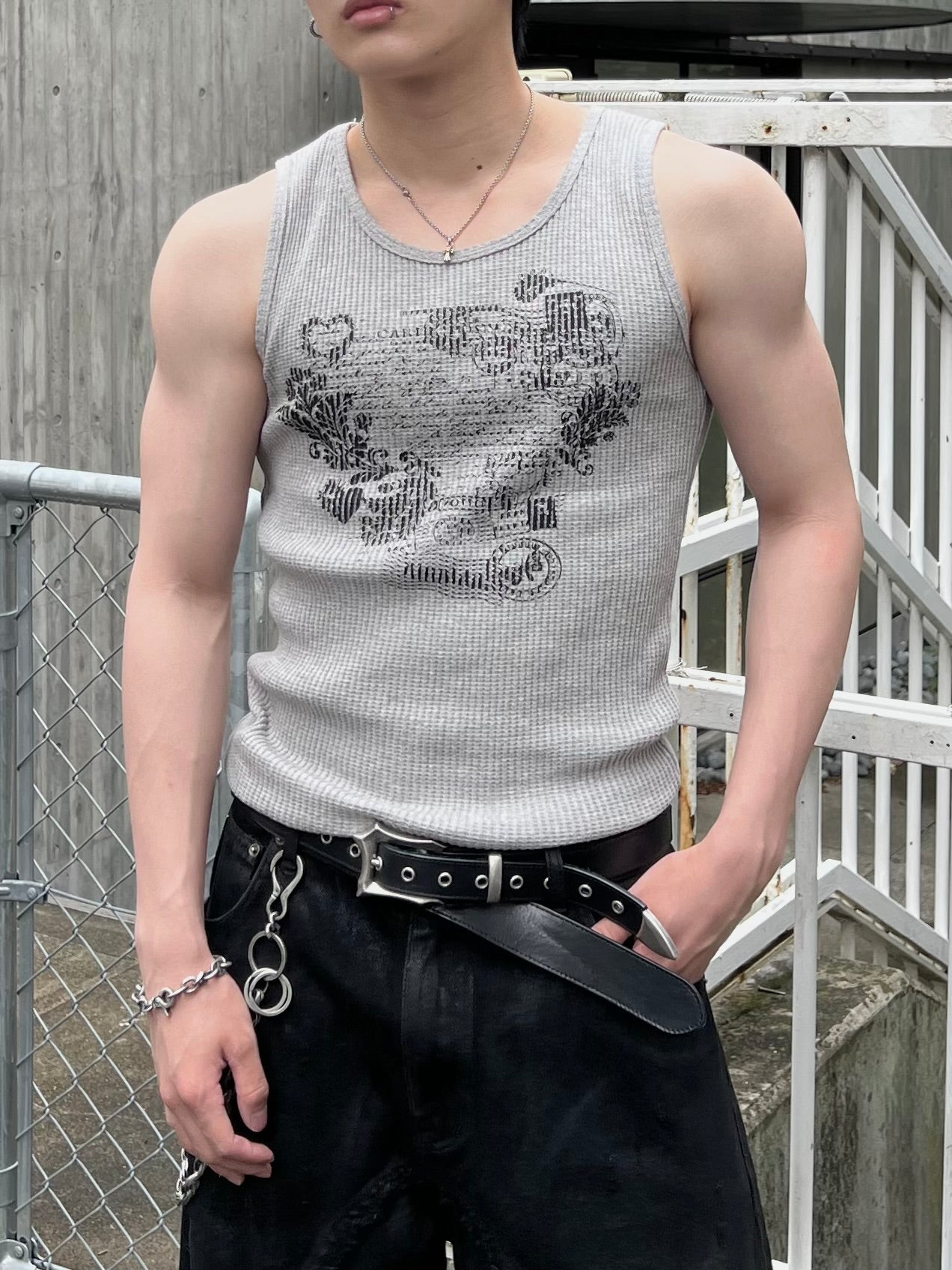 大阪店WEB限定受注制【Chikashitsu +】graphic waffle tank (2color)