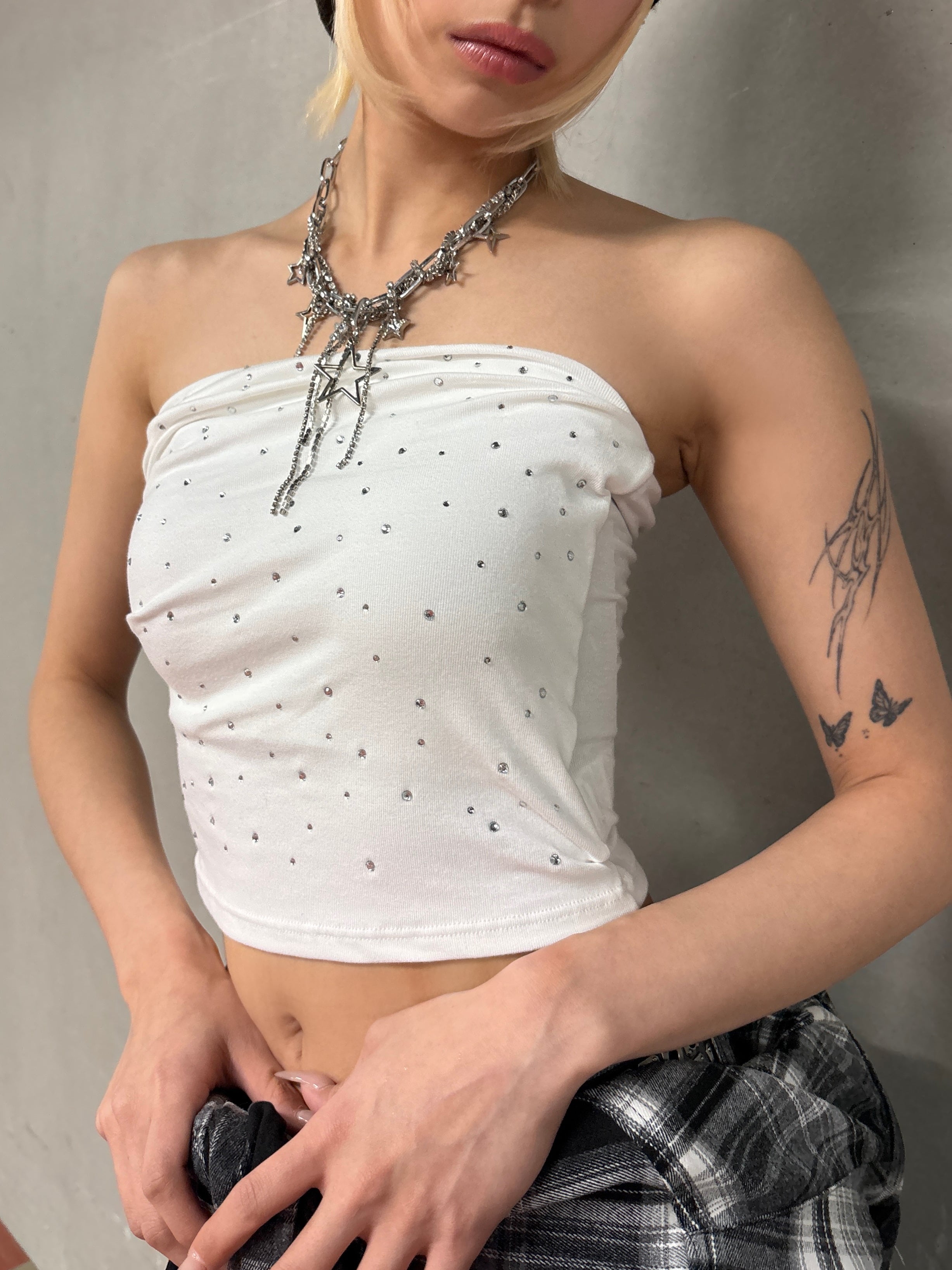 国際配送【Never mind the XU】rhinestone tubetops