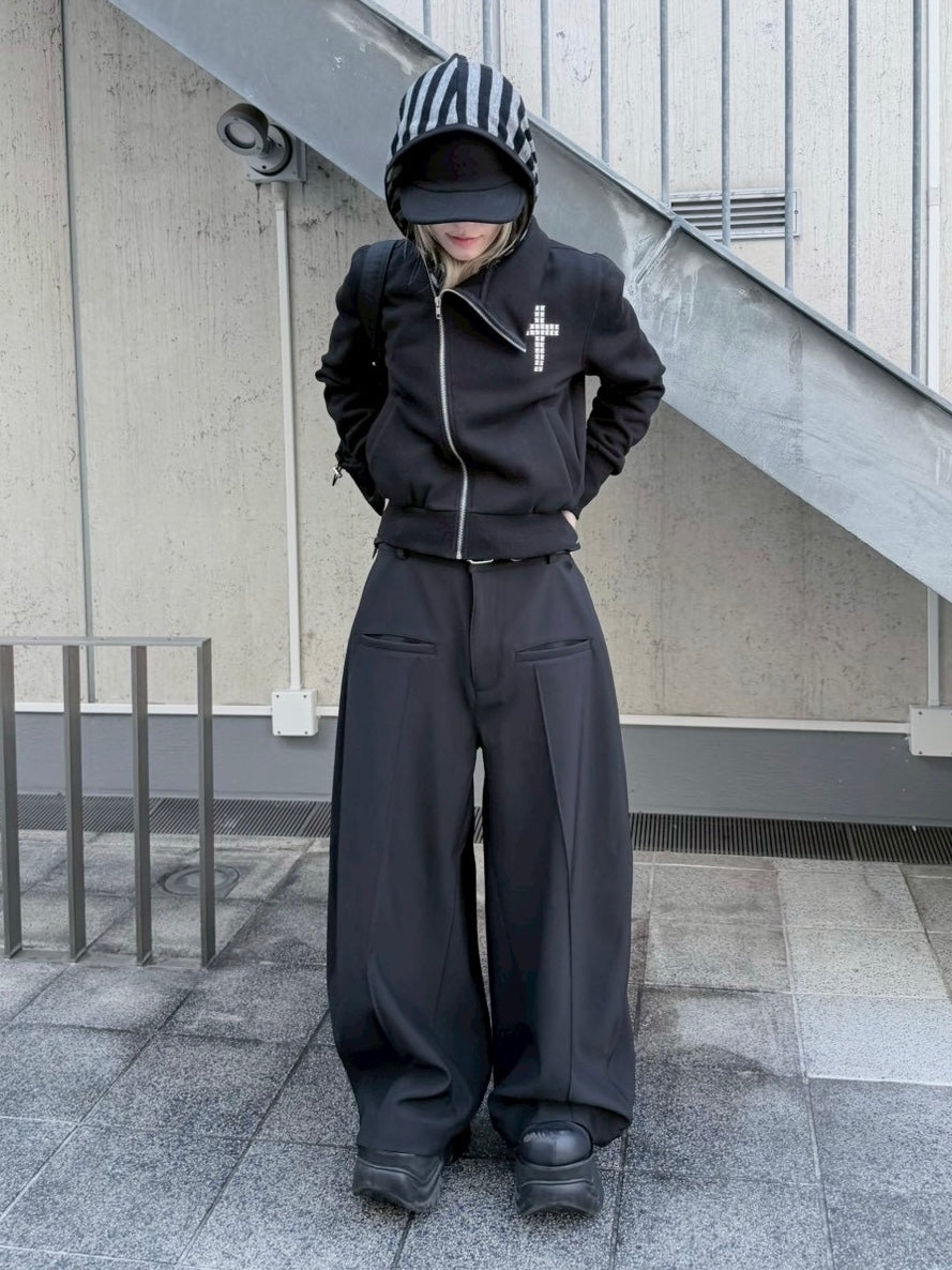 3/1 20:00発売 受注制【nmtc +】cross design diagonal zip up sweat / 【エヌエムティーシープラス】クロスデザインダイアゴナルジップアップスウェット (2color)