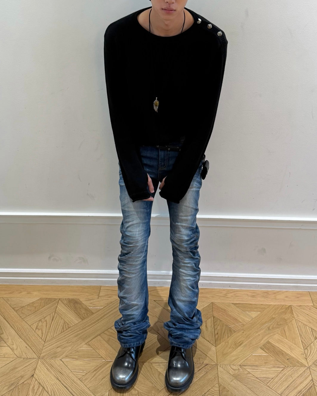 【LECYTO】Glitch Washed Curved Denim Pants
