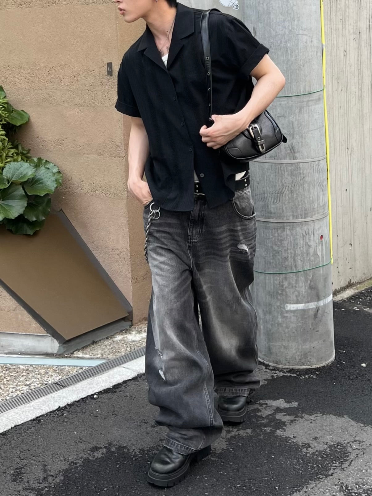 大阪店WEB限定受注制【Chikashitsu +】perforated open collar shirt (2color)