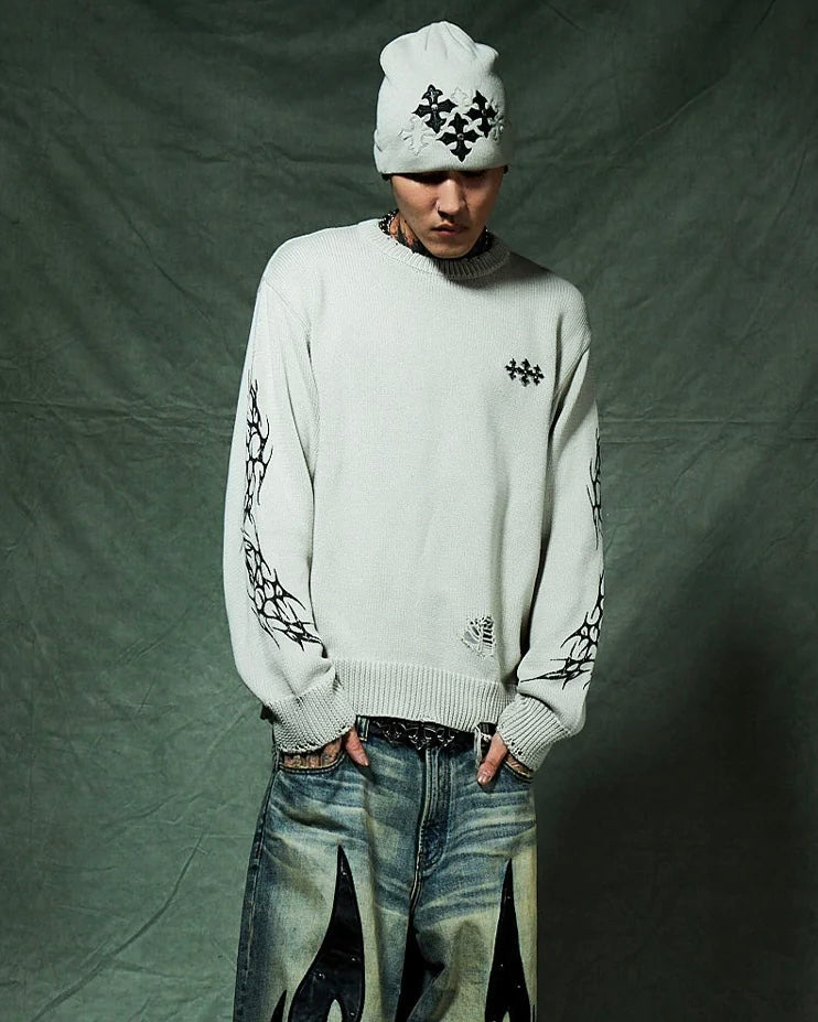 【SUPPLIER】Distressed Tribal Bones Crew Knit