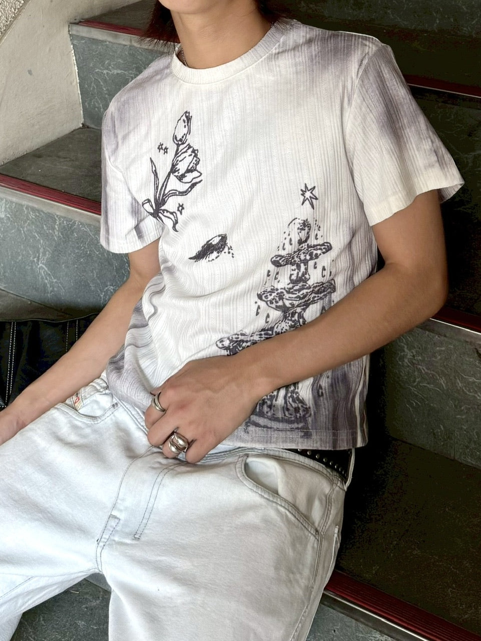 国際配送【RENOL】gradient graphic ribbed tee