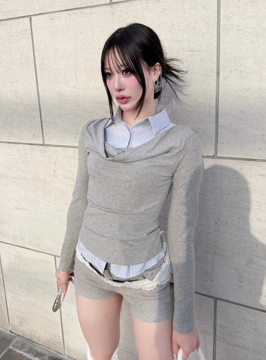 3/1 20:00発売 受注制【nmtc +】draep layered shirts / 【エヌエムティーシープラス】ドレープレイヤード長袖Tシャツ (2color)