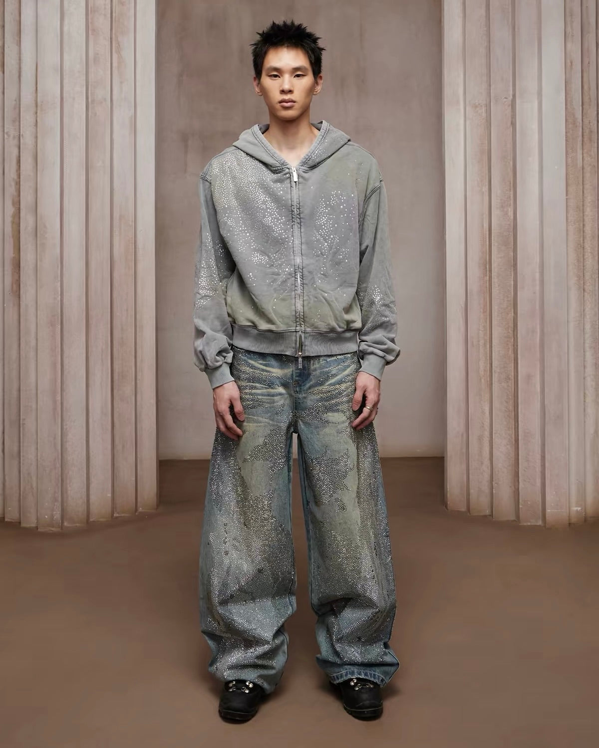【DND4DES】Rhinestone Dirty Wash Denim Pants